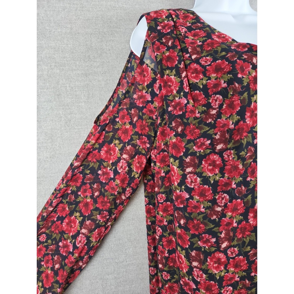 Lauren Ralph Lauren Cold Shoulder Dress 14 Rose Print Sheer Sleeve Lined Midi‎